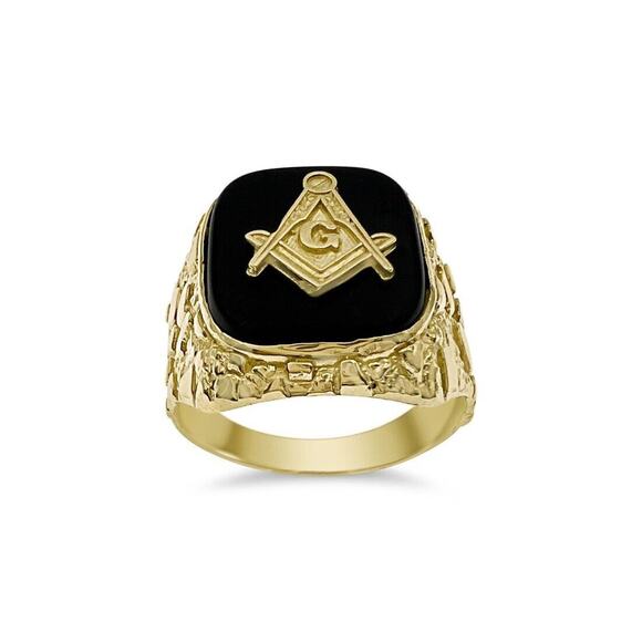 10k Yellow Gold Masonic Ring Freemason Symbol Mens Signet Nugget - Picture 1 of 2